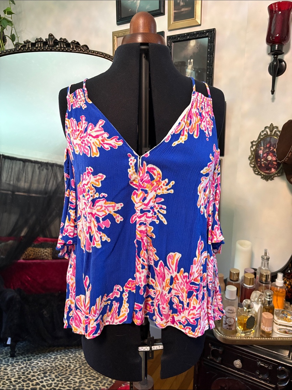 Lilly Pulitzer Royal Blue Floral Cold-Shoulder Camisole with Pink Accents